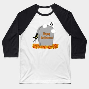 Halloween Cartoon Gravestone, Ghost, Cats & Fall Leaves Baseball T-Shirt